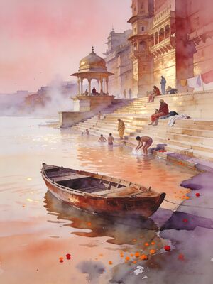 Varanasi Ghats Evening Aarti Watercolor Canvas Print