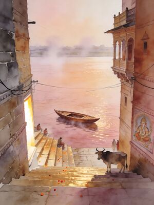 Varanasi Ghats Flower Market Dashashwamedh Watercolor Canvas Print