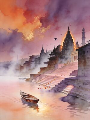 Varanasi Ghats Temple Spire Silhouette Watercolor Canvas Print