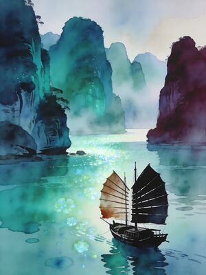 Vietnam Coastal Ha Long Bay Junk Boats Watercolor Canvas Print