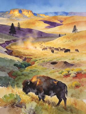 Wind Cave National Park Prairie Bison Herd Watercolor Canvas Print