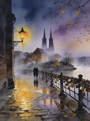 Wroclaw Historic Quarter Cobblestone Walk Watercolor Canvas Print