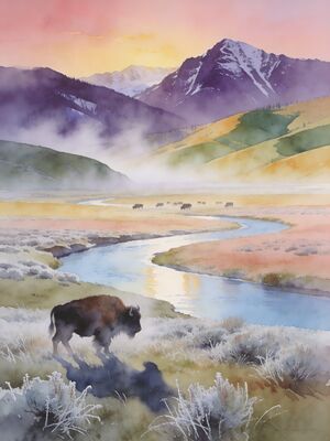 Yellowstone Old Faithful Geyser at Dawn Watercolor Canvas Print