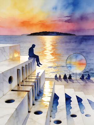 Zadar Sea Organ Steps at Sunset Watercolor Canvas Print