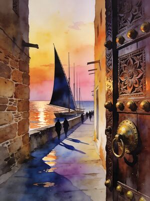 Zanzibar Stone Town Carved Doors Seafront Watercolor Canvas Print