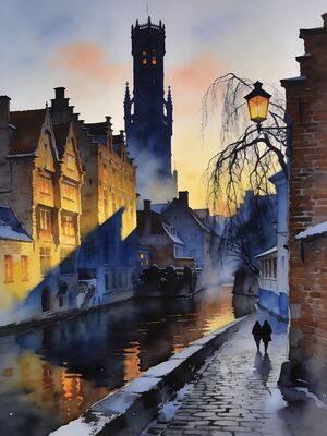 Bruges Winter Watercolor Canvas Print