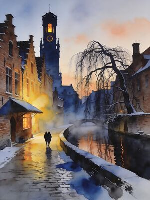 Bruges Winter Watercolor Canvas Print