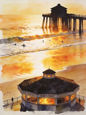 Huntington Beach Watercolor Canvas Print