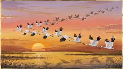 White Cranes V Formation Sunset Canvas Wall Art