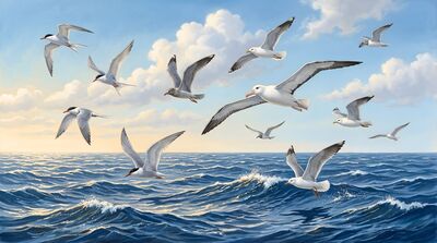 Seabirds Soaring Over Vast Ocean Canvas Painting