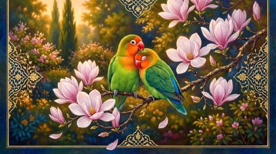 Lovebirds on Flowering Branch Canvas Painting