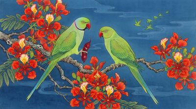 Rose Ringed Parakeet Pair Vivid Canvas Painting