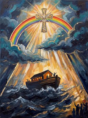 Noah's Ark Stormy Seas Rainbow Canvas Painting