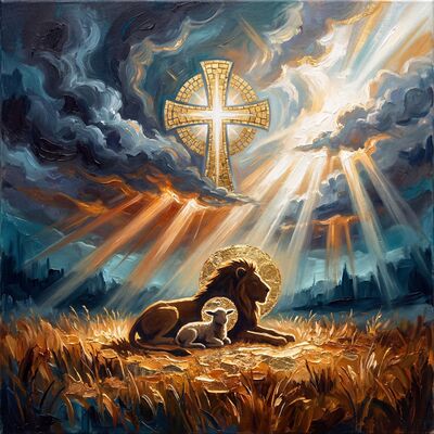 Lion and Lamb Silver Light Canvas Painting