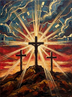 Three Crosses Golgotha Ochre Sunset Canvas Wall Art