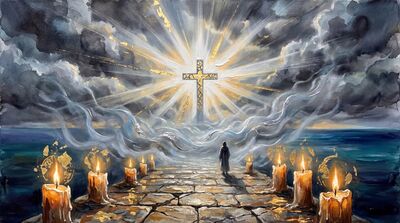Ancient Stone Path Glowing Cross Canvas Painting