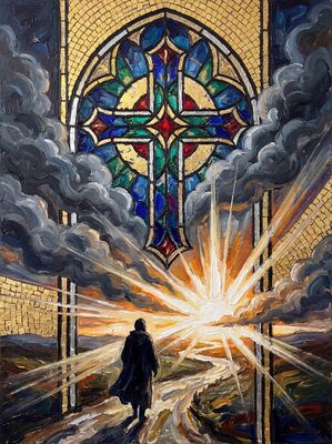 Stained Glass Cross Silver Canvas Painting