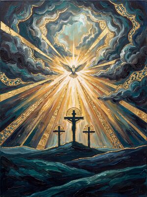 Crucifixion Teal and Gold Canvas Painting