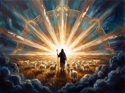 Christ Good Shepherd Teal Meadow Canvas Painting