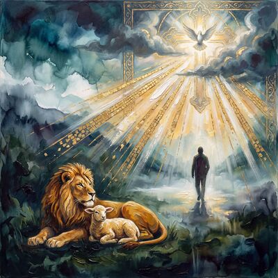 Lion and Lamb Green Meadow Canvas Painting
