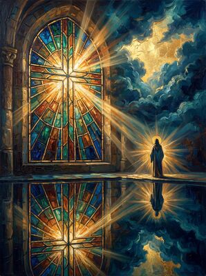 Stained Glass Cross Ochre Canvas Painting