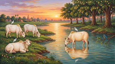 Sacred Cows River Sunset Peace Canvas Painting