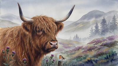 Highland Cow Misty Portrait Canvas Painting