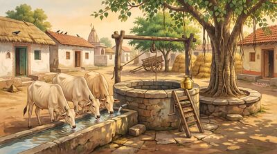 Cows at Village Well Nostalgia Canvas Painting