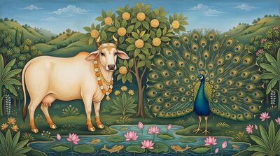 Sacred Cow with Peacock Dual Canvas Wall Art
