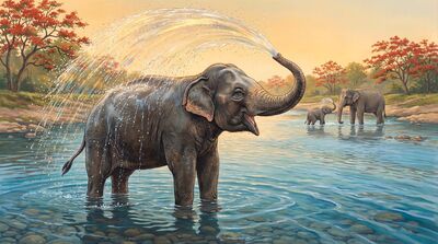Elephant Spraying Water Joyful Canvas Wall Art