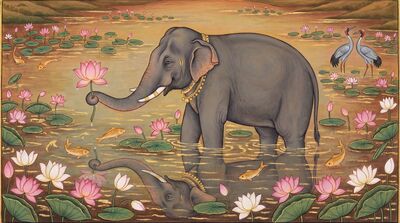Elephant Holding Lotus in Pond Canvas Wall Art