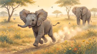 Baby Elephant Playful Running Joy Canvas Painting