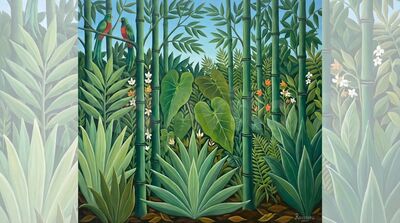 Nine Bamboo Stalks Tropical Jungle Oil Painting Canvas Wall Art