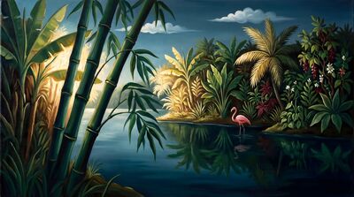 Three Bamboo Tropical River Oil Painting Canvas Wall Art