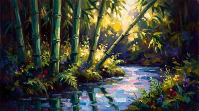 Five Bamboo Sunlit Stream Oil Painting Canvas Wall Art