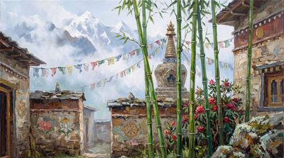 Bamboo Himalayan Monastery Mist Canvas Painting