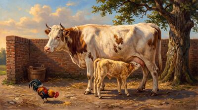 Mother Cow and Calf Oil Painting Canvas Wall Art