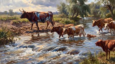 Cattle Fording Stream Oil Painting Canvas Wall Art