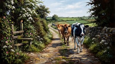Dairy Cows Country Lane Oil Painting Canvas Wall Art