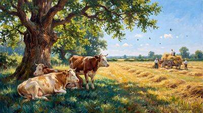 Cows Resting Under Oak Oil Painting Canvas Wall Art