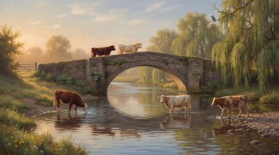 Five Cows Stone Bridge River Oil Painting Canvas Wall Art