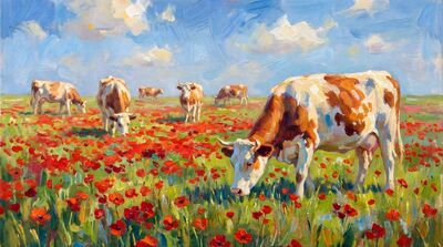 Cows Poppy Field Impressionist Oil Painting Canvas Wall Art