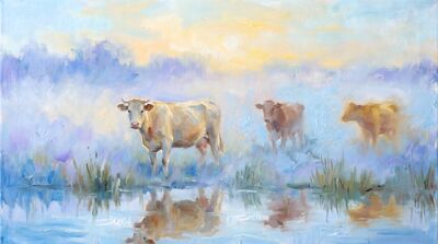 Cows Morning Mist River Oil Painting Canvas Wall Art