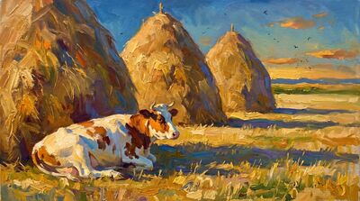 Cow Resting Golden Haystacks Oil Painting Canvas Wall Art