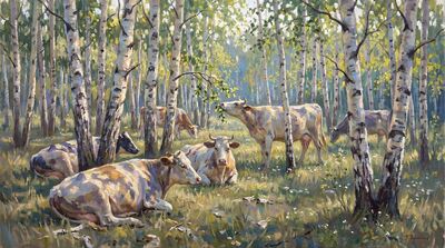 Seven Cows Birch Tree Grove Oil Painting Canvas Wall Art