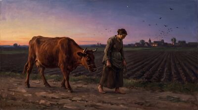 Peasant Woman Leading Cow Twilight Oil Painting Canvas Wall Art