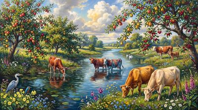 Seven Sacred Cows River Valley Paradise Oil Painting Canvas Wall Art