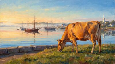 Sacred Cow Coastal Harbor Dawn Canvas Painting