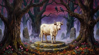 Sacred White Cow Ancient Grove Canvas Painting