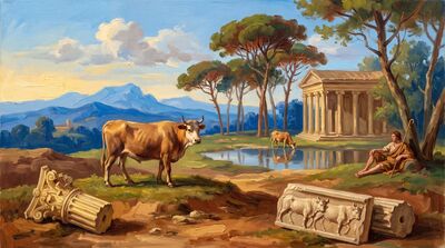 Sacred Cow Arcadian Landscape Canvas Painting